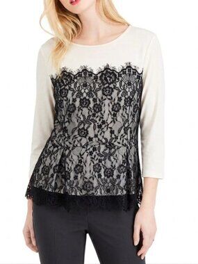 ELLE White Floral Black Lace Overlay Blouse Size Large